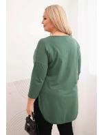 Dámská bavlněná blůza Plus Size s výstřihem do V a ohrnovacími rukávy tmavě khaki