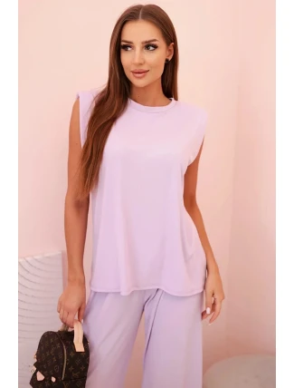 Dámský komplet z viskózy bez rukávů a rovnými kalhotami světle fialový
