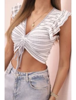 Dámská pruhovaná blůza s nařasením a volánky šedá