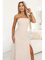 663-1 ELARA korzetové maxi šaty s rozparkem a zavazováním na zádech - béžové