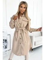 493-1 Teplý kabát s kapsami, knoflíky a vázáním v pase - BEACH