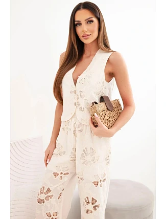 Dámský bavlněný komplet s vyšívanou vestou a kalhotami béžový