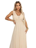 637-4 Dlouhé maxi šaty s brokátovými třpytkami a hlubokým výstřihem - šampaňsko-béžové