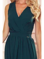 JUSTINE - Dlouhé dámské šaty v lahvově zelené barvě s výstřihem a zavazováním 362-2
