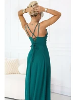 589-6 Maxi šaty bez ramínek s korzetovým zavazováním na zádech a rozparkem - lahvově zelené