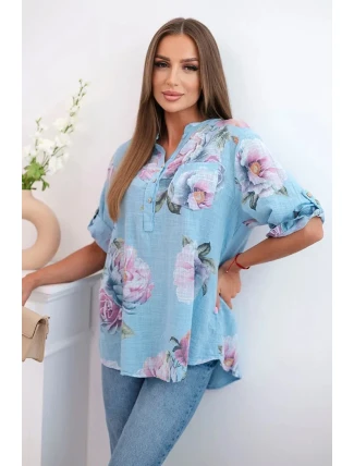 Dámská bavlněná halenka s květinovým vzorem modrý