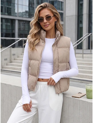 Dámská zateplená vesta bez kapuce, tmavě béžová, FashionStreet TY5727 Dámská zateplená vesta bez kapuce, tmavě béžová, FashionStreet TY5727