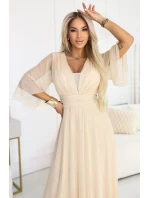 654-2 Dlouhé třpytivé plus size šaty s výstřihem a průhlednými rukávy - šampaňsko-béžové