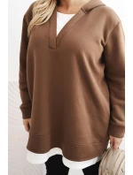 Dámská mikina zateplená Plus Size s kapucí a véčkovým výstřihem hnědá