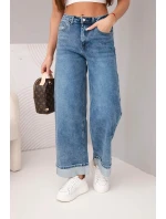Dámské kalhoty s širokými nohavicemi a zdobeným spodním lemem džínové modré