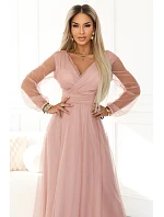 664-1 Dlouhé maxi šaty s tylovými rukávy a obálkovým výstřihem - pudrově růžové