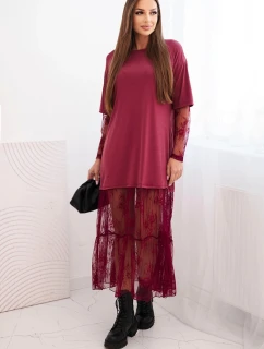 Dámské šaty s tylovým spodním dílem a rukávy bordová
