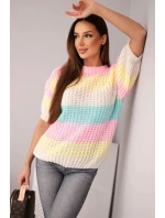 Dámský svetr s krátkým rukávem v barevných pruzích krajkový světle růžový