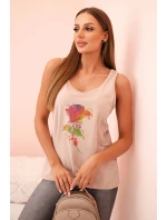 Dámská bavlněná halenka na ramínkách s květinovým potiskem béžová