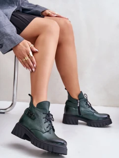 Zazoo 60483 Dámské Kožené Kotníkové Boty S Nízkým Svrškem Zateplené Tmavě Zelené