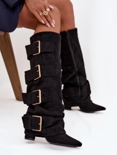 Dámské kozačky na sloupkovém podpatku s ohrnovaným svrškem a zlatými přezkami Isavelle – černé