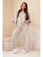 Dámský komplet viskózové máslo s širokými nohavicemi a volnou blůzou fango