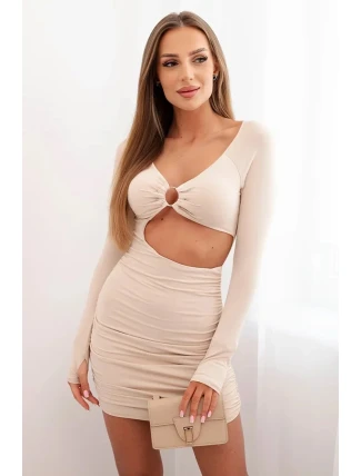 Dámské šaty s dlouhým rukávem a průstřihem v pase s ozdobným kruhem Béžový