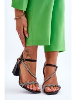 Kožené sandály s kamínky podpatky Černé Carlotta