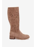 Ažurové dámské kozačky na klínu béžové Helinna Ažurové dámské kozačky na klínu béžové Helinna