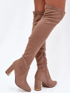 Dámské kozačky z eko-semiše nad kolena na sloupku – tmavě béžové Thamine