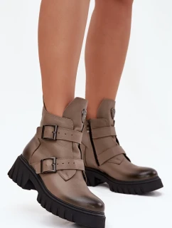Kožené zateplené dámské kotníkové boty se sponami a ozdobným detailem Zazoo 60482 tmavě béžové