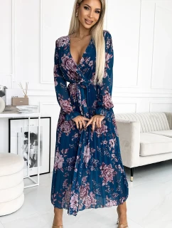 519-3 Plisované šifonové dlouhé šaty s výstřihem, dlouhými rukávy a páskem - MODRÉ s květy