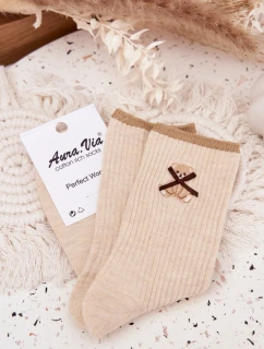 Bavlněné žebrované ponožky s medvídkem – béžové