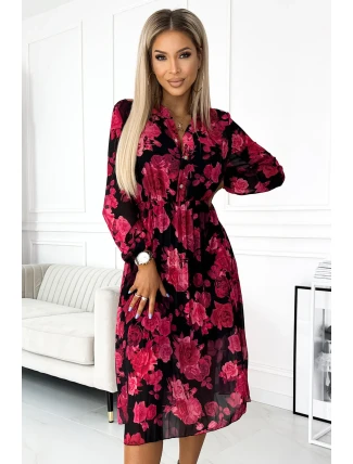 449-2 CARLA Plisované midi šaty s knoflíky a dlouhými rukávy - ČERNÁ S ČERVENÝMI RŮŽEMI 449-2 CARLA Plisované midi šaty s knoflíky a dlouhými rukávy - ČERNÁ S ČERVENÝMI RŮŽEMI