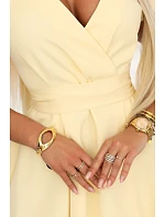 348-13 SCARLETT rozšířené midi šaty s obálkovým výstřihem a páskem - máslově žluté