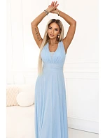 637-6 Večerní dlouhé šaty s brokátovým akcentem a hlubokým výstřihem - modré