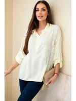 Dámská viskózová blůza s límečkem a potiskem s krystaly žlutá