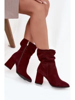 Kotníkové boty z přírodního semiše s vyhříváním na podpatku s mašlí Zazoo 4216 bordó