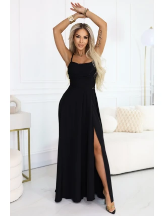 589-5 Maxi šaty bez ramínek s korzetovým zavazováním na zádech a rozparkem - černé 589-5 Maxi šaty bez ramínek s korzetovým zavazováním na zádech a rozparkem - černé