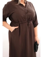 Dámská viskózová suknička Plus Size s knoflíky a vázáním v pase hnědá