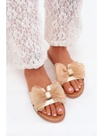 Dámské sandály na plochém podpatku s tylovou mašlí zlaté Tanira