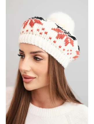 Dámská zimní čepice z vlny s motivem sněhových vloček a pomponem K457 ecru
