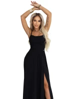 589-5 Maxi šaty bez ramínek s korzetovým zavazováním na zádech a rozparkem - černé 589-5 Maxi šaty bez ramínek s korzetovým zavazováním na zádech a rozparkem - černé