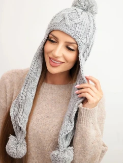 Dámská zimní čepice z vlny s bambulemi a prodlouženými stranami K448 šedá