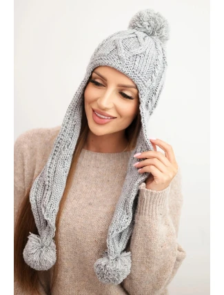Dámská zimní čepice z vlny s bambulemi a prodlouženými stranami K448 šedá