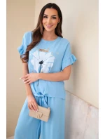 Dámský viskózový komplet s halenkou s potiskem a kalhotami modrý