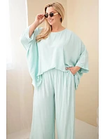 Dámský komplet Plus Size z viskózy se širokými kalhotami a halenkou mátový