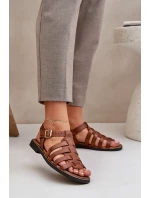 Kožené sandály na plochém podpatku Zazoo 3686 Camel