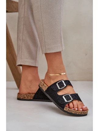 Textilní Pantofle Na Korkové Podešvi S Přezkami Černé Atera Textilní Pantofle Na Korkové Podešvi S Přezkami Černé Atera