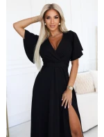 581-7 JENNIFER dlouhé šaty s rozparkem na nohou, rukávy a výstřihem - černé