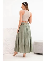 Dámská maxi bavlněná sukně s krajkovou výšivkou a elastickým pasem khaki