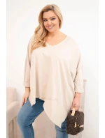 Dámská bavlněná blůza Plus Size s asymetrickým spodním lemem a V výstřihem béžová