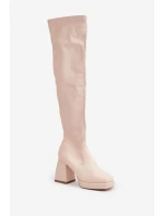 Upnuté kozačky nad kolena na podpatku jasně béžové Sanniraen