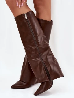 Zateplené Kozačky Na Jehlovém Podpatku S Otočeným Svrškem Čokoládové Tamonia