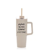PRÁCE NEUTEČE, KÁVA VYSTYDNE! - béžový cestovní termohrnek s průhledným víčkem 900 ml  
